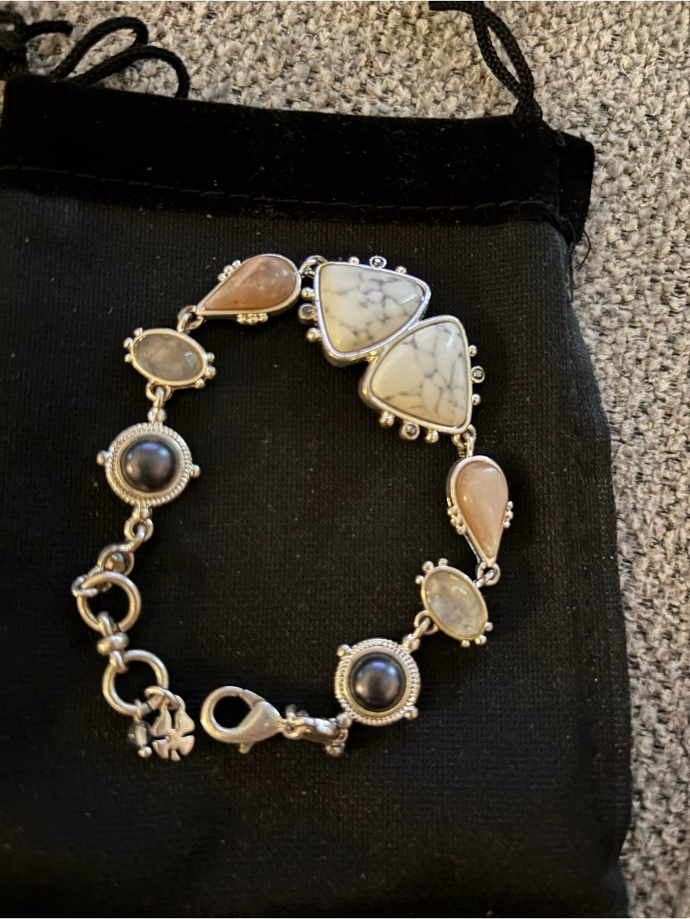 Women’s Silver Multi-Stone Bracelet with White Howlite and Peach Stones